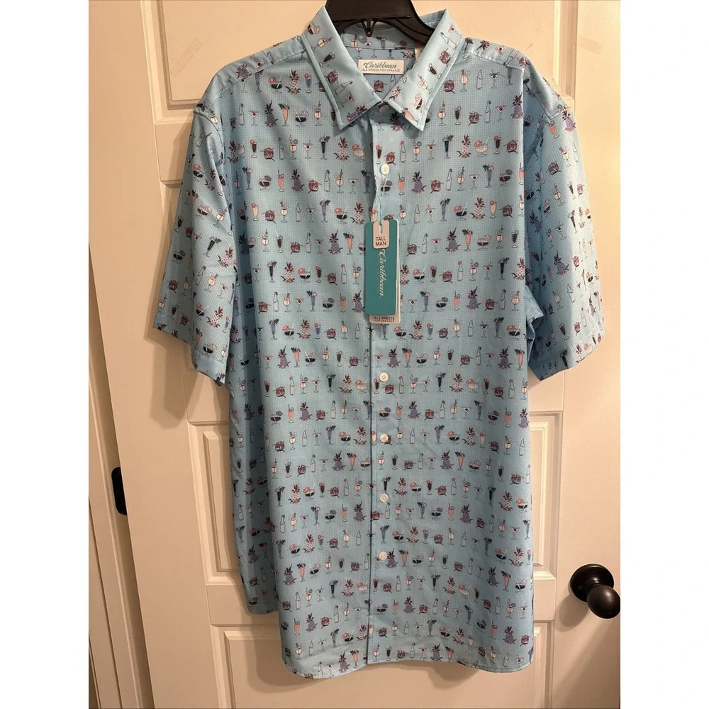 Caribbean mens SHIRT PERFORMANCE isle breeze stretch blue drinks XLT NEW $69.50‎